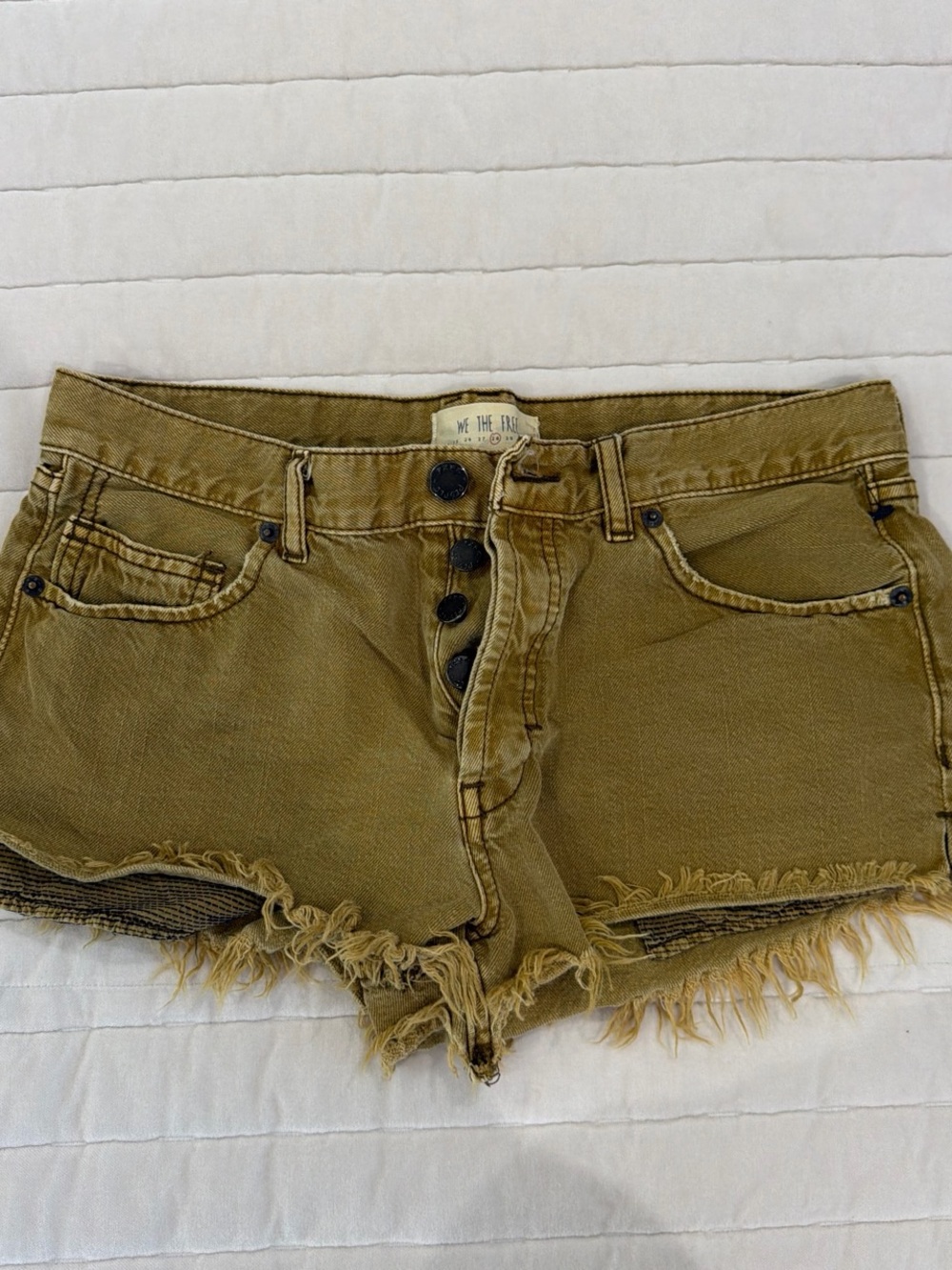 Free People Olive-Toned Distressed Denim Cutoff Shorts